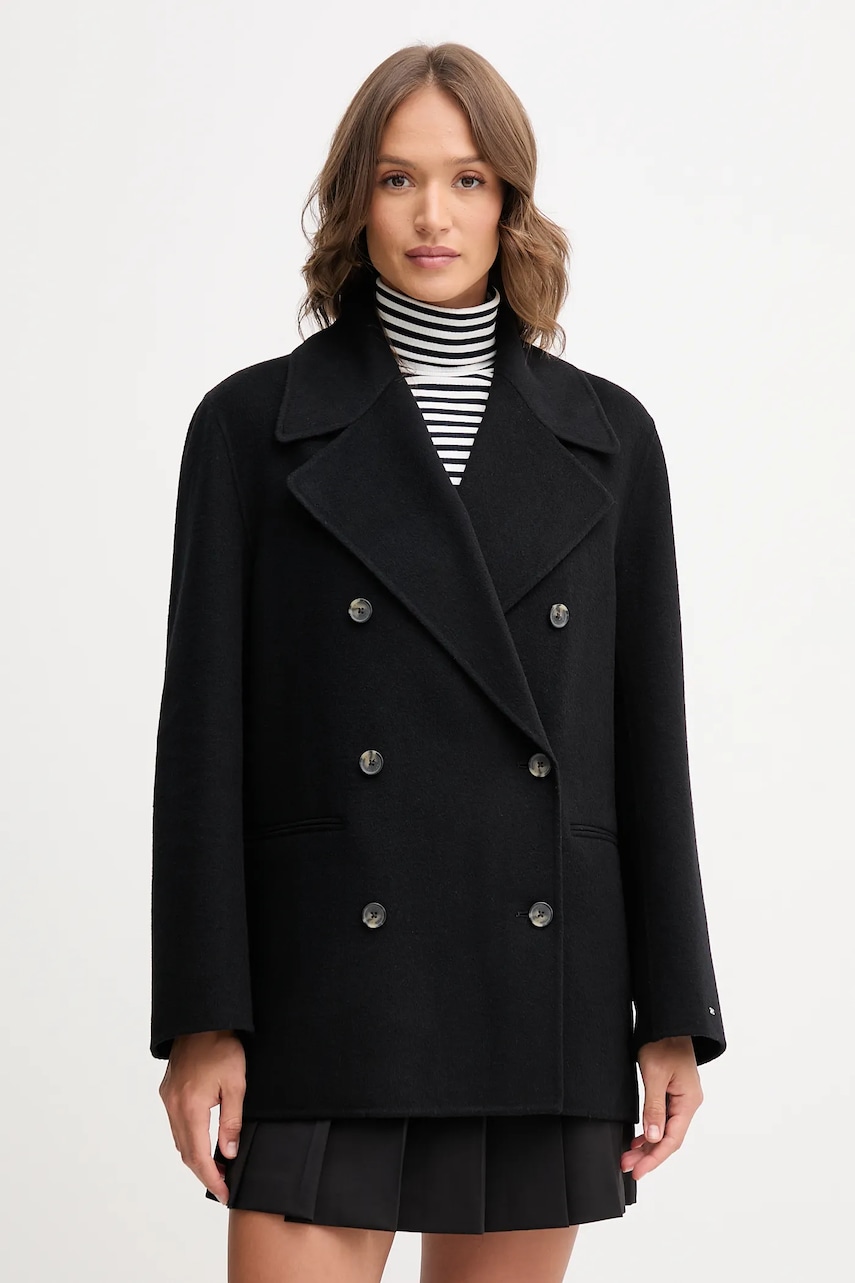 Kabát s vlnou Tommy Hilfiger černá barva, WW0WW47479