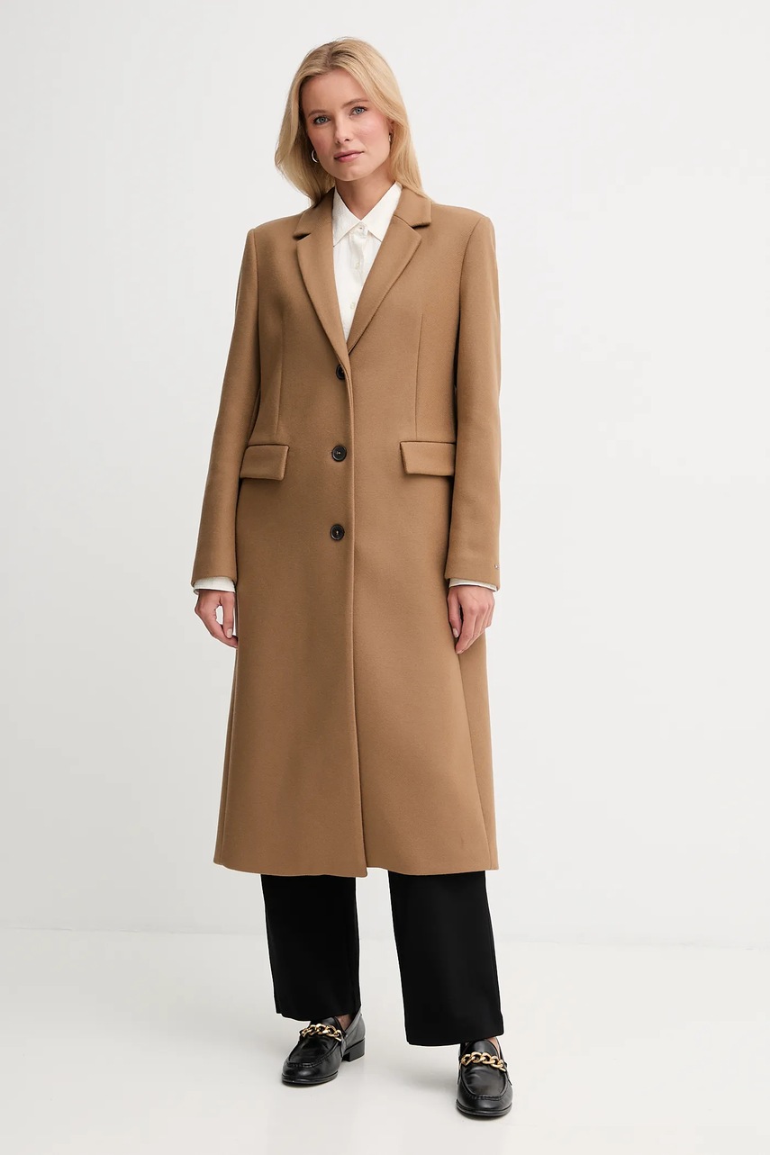 Levně Kabát s příměsí vlny Tommy Hilfiger hnědá barva, WW0WW47445
