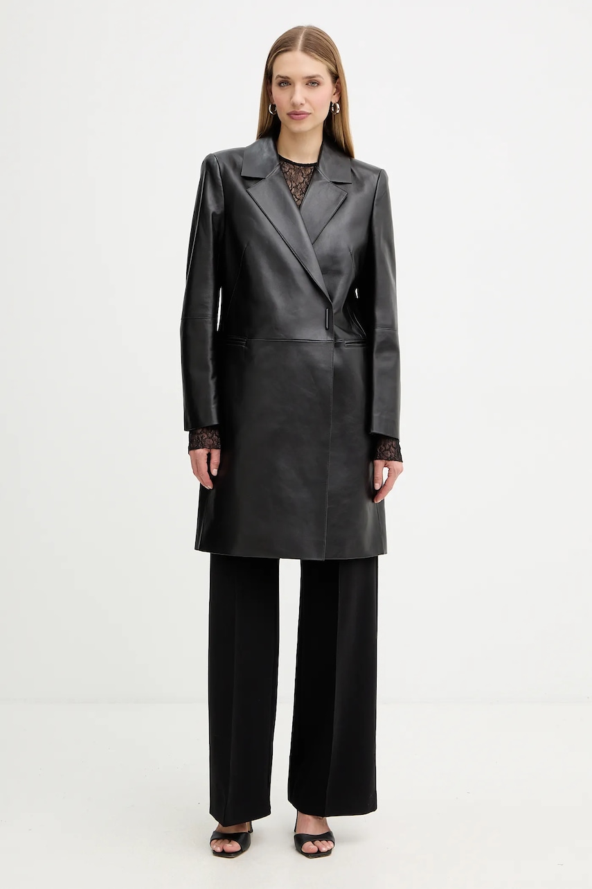 BOSS palton de piele culoarea negru, 50556276