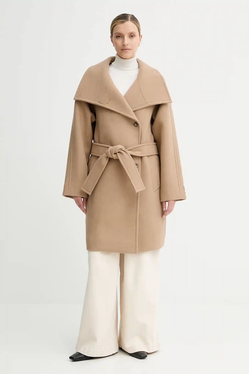 Levně Kabát s vlnou Calvin Klein béžová barva, LV044D557G