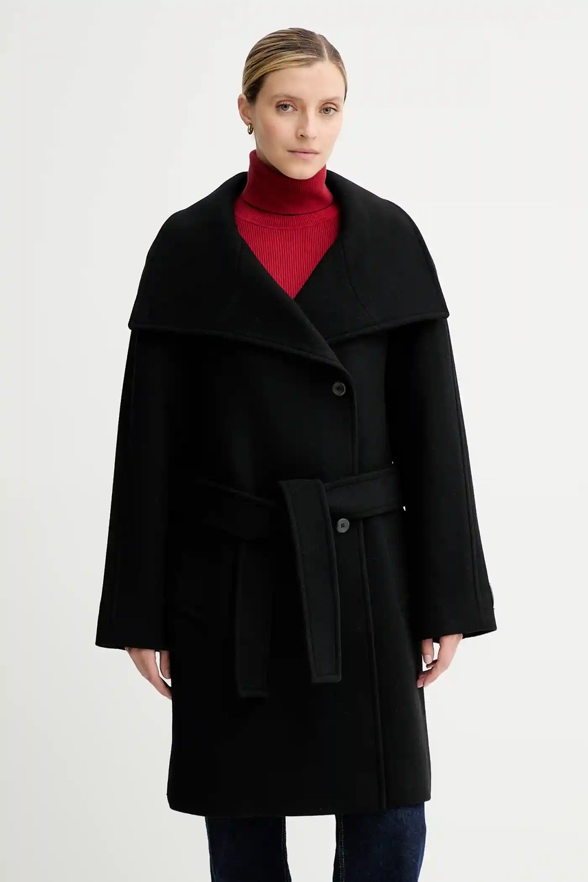 Levně Kabát s vlnou Calvin Klein černá barva, LV044D557G
