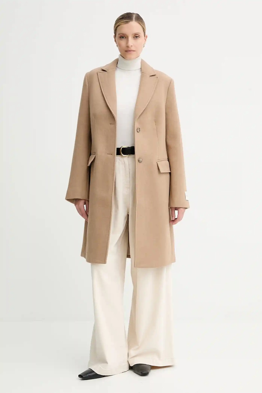 Levně Kabát s vlnou Calvin Klein béžová barva, LV044D558G