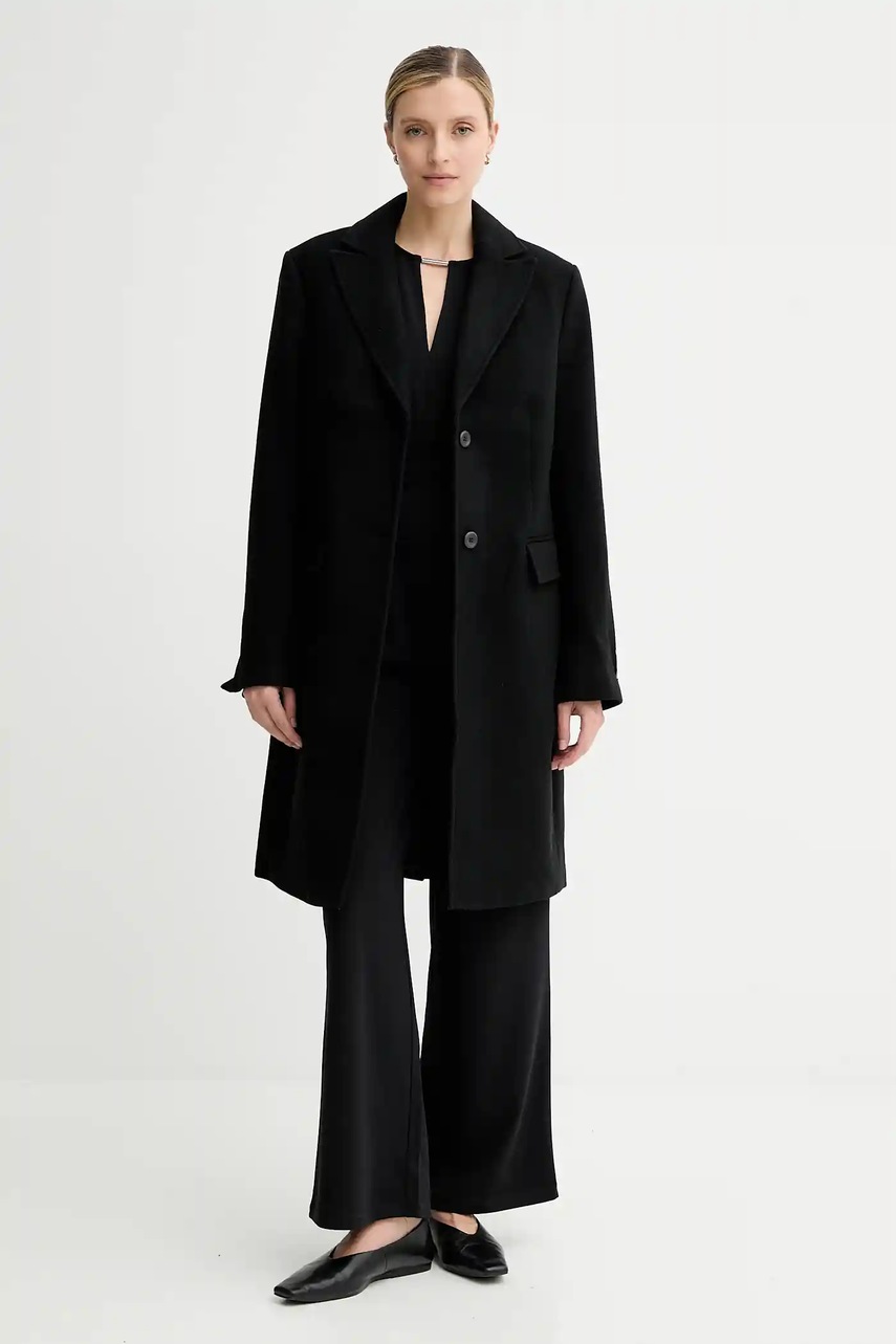 Levně Kabát s vlnou Calvin Klein černá barva, LV044D558G