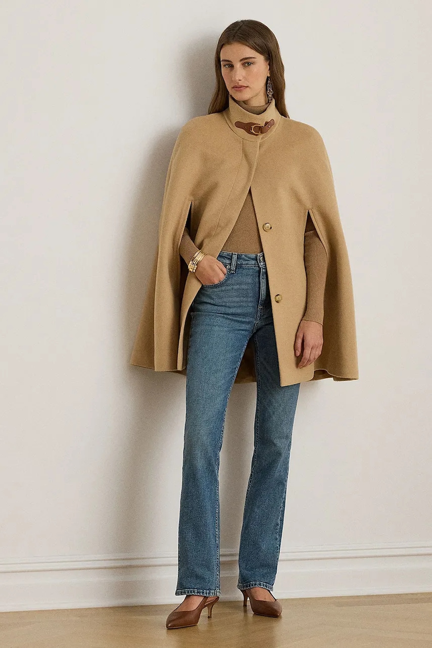 Levně Kabát s příměsí vlny Lauren Ralph Lauren béžová barva, 297P04145