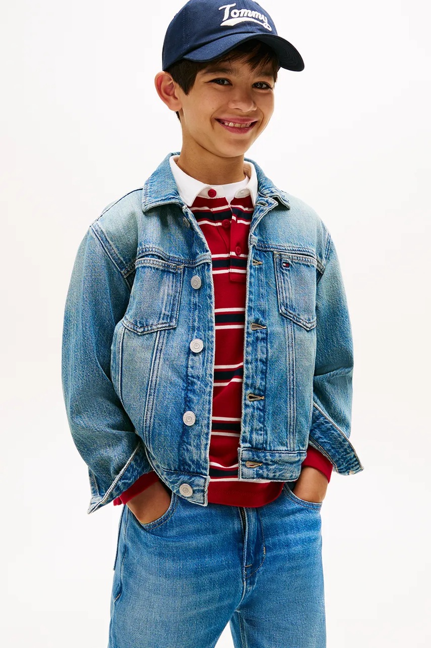Levně Dětská riflová bunda Tommy Hilfiger modrá barva, KB0KB10108