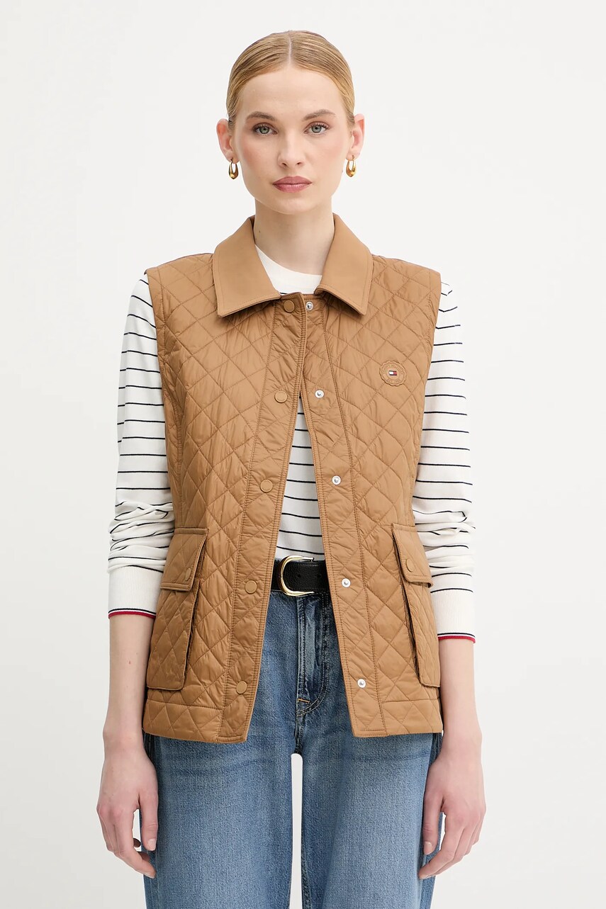 Levně Vesta Tommy Hilfiger dámská, hnědá barva, přechodná, WW0WW45638