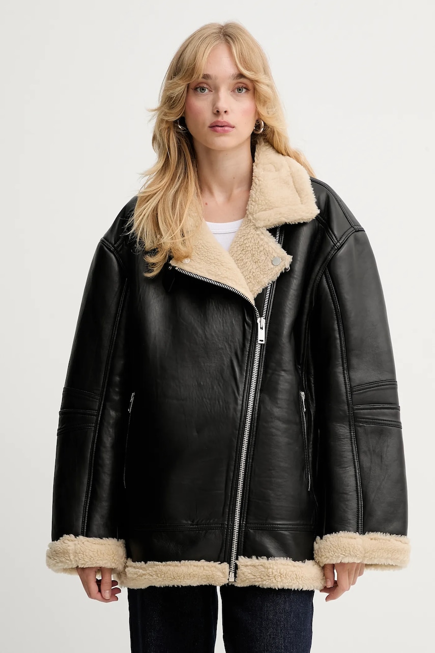 Levně Kožená bunda Gestuz černá barva, přechodná, oversize, 10910336