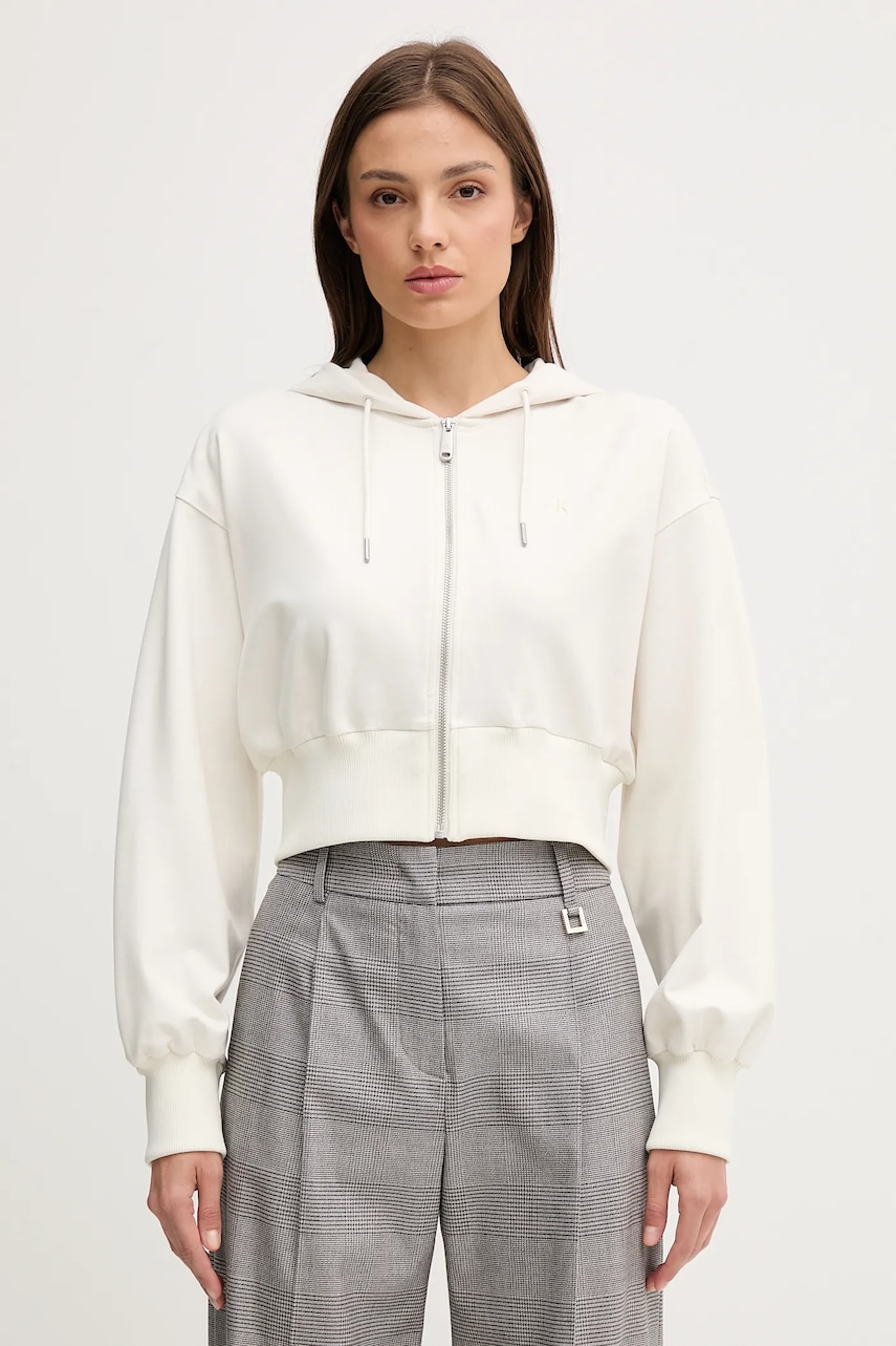 Levně Mikina Calvin Klein Jeans dámská, béžová barva, s kapucí, hladká, LV047C247G