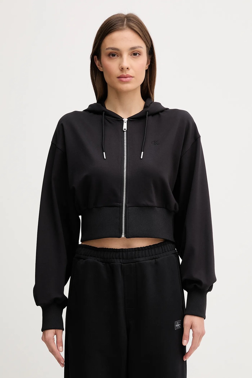 Levně Mikina Calvin Klein Jeans dámská, černá barva, s kapucí, hladká, LV047C247G