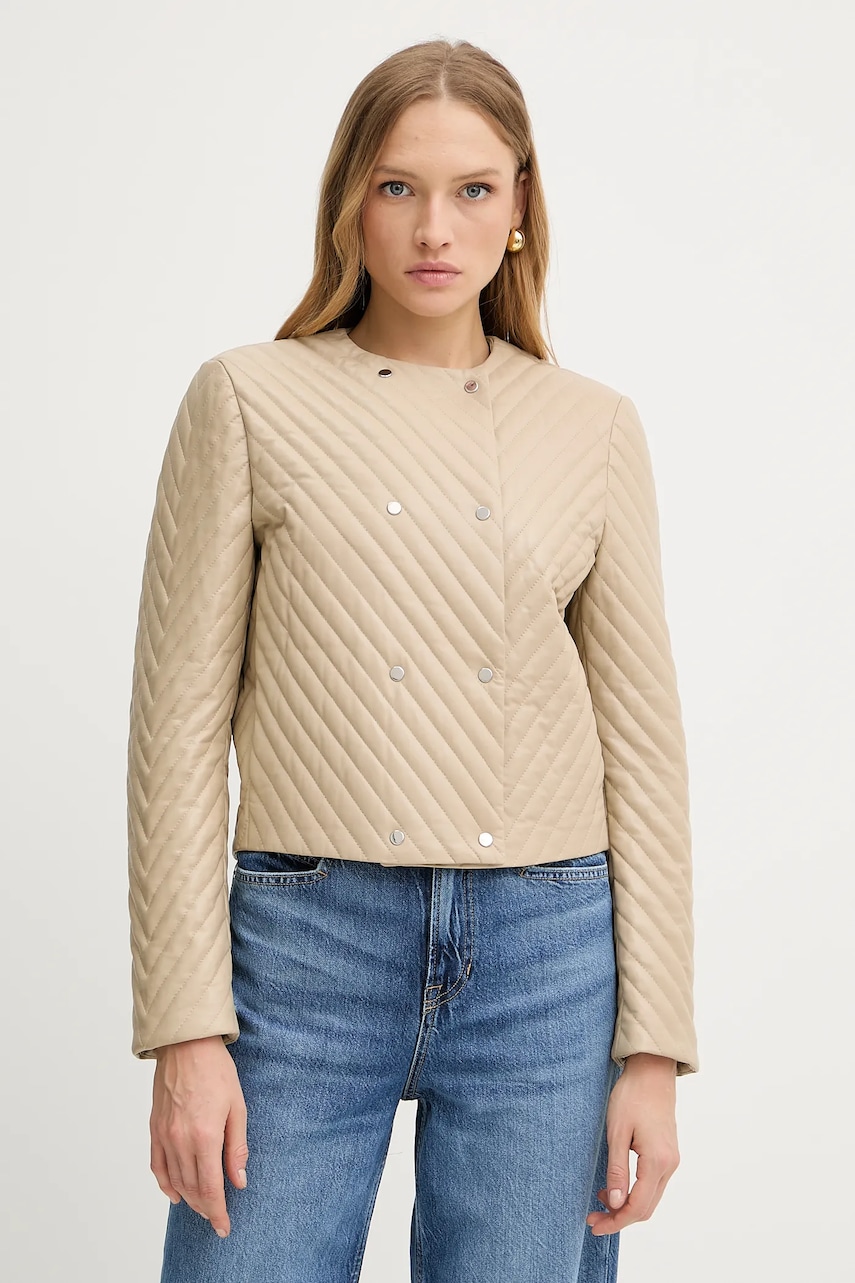 BOSS geacă de piele culoarea bej, de tranzitie, 50541919