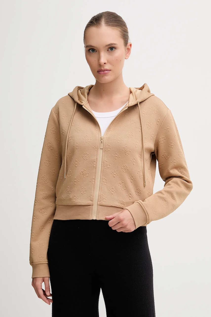 Levně Mikina Guess PEONY dámská, béžová barva, s kapucí, hladká, V5YQ06 KBSL2