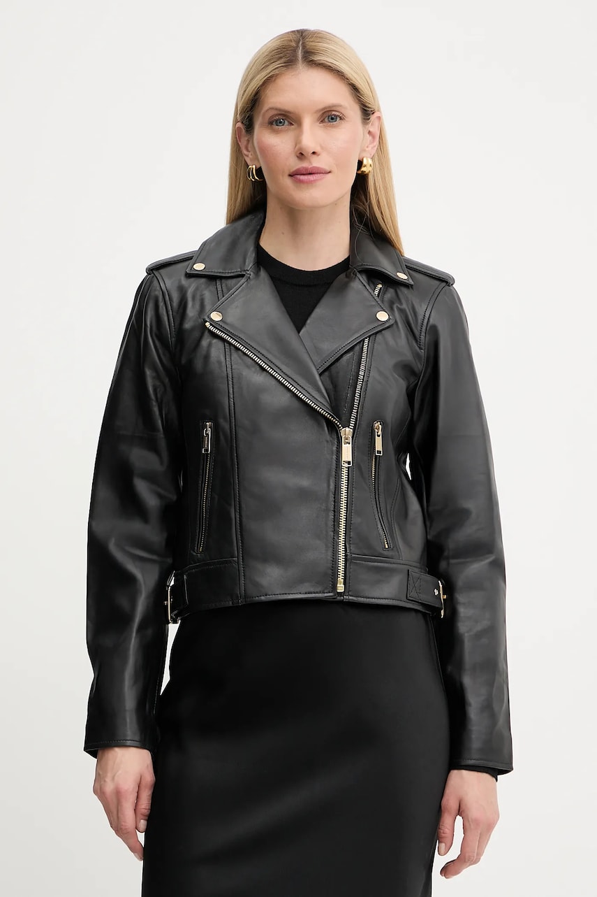 MICHAEL Michael Kors geacă ramones de piele culoarea negru, de tranziție, MT520IE8RK