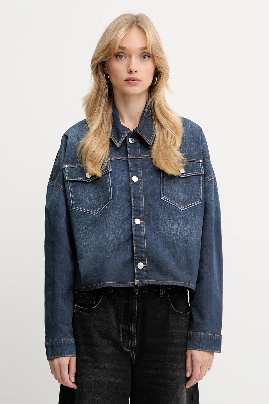 Levně Košilová bunda Guess WESTERN tmavomodrá barva, přechodná, oversize, W5YN90 D0213
