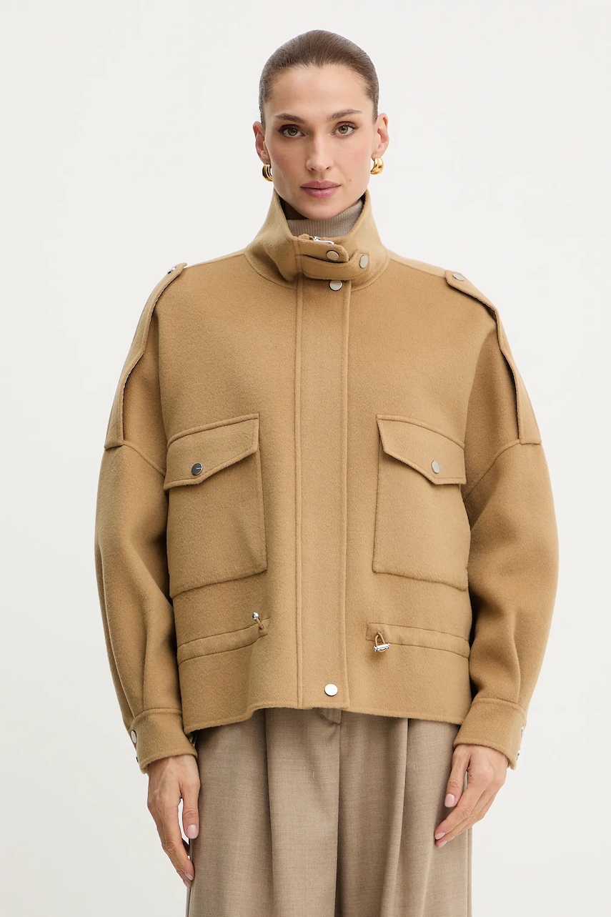 Levně Bunda s příměsí vlny Pinko zelená barva, oversize, 105341 A2XM