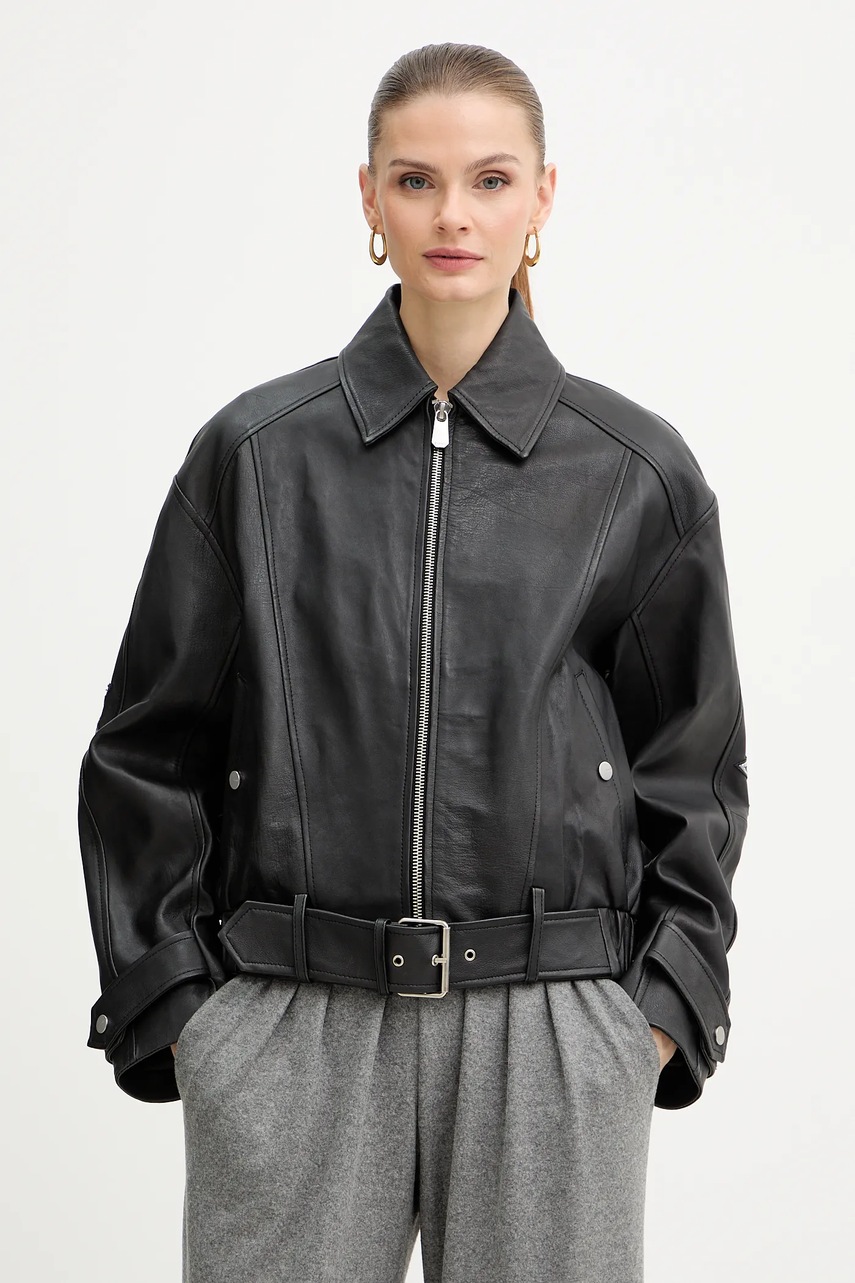 Levně Kožená bunda Pinko černá barva, přechodná, oversize, 105793 A2U7