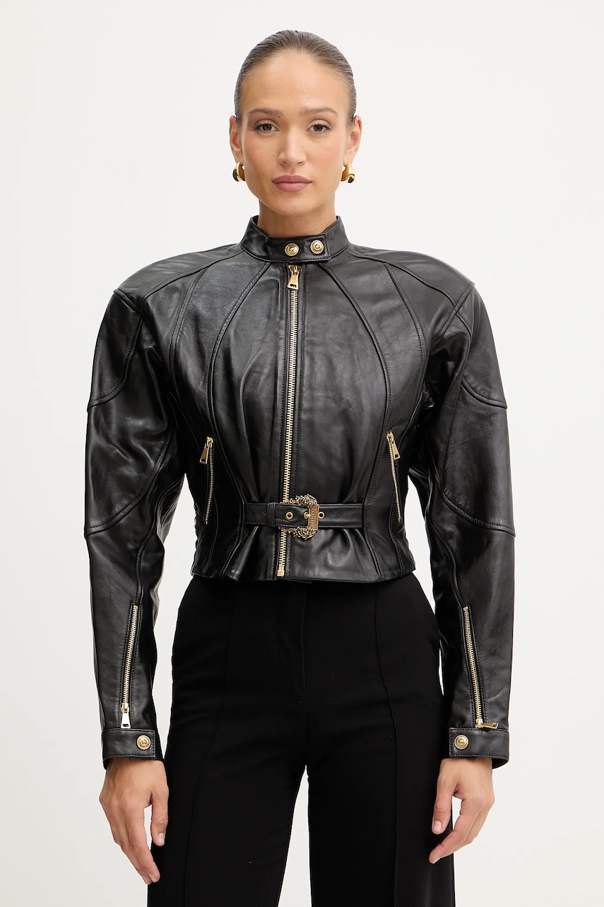 Versace Jeans Couture geacă ramones de piele culoarea negru, de tranziție, 79HAVP03 CP021