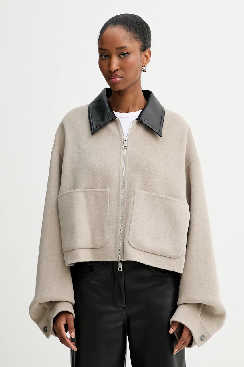 Nanushka jachetă din amestec de lână culoarea bej, de tranziție, oversize, NW25PFJK12392