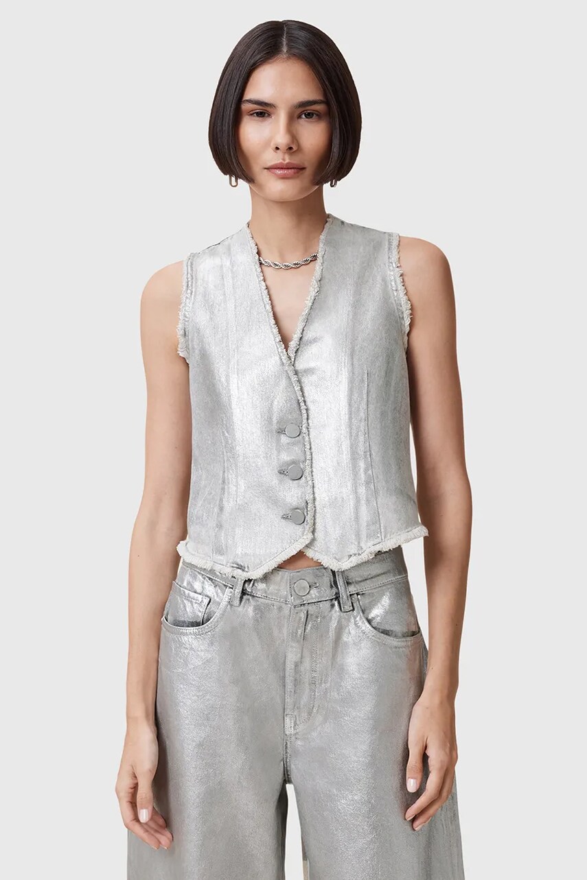 AllSaints vestă din bumbac ANDREA culoarea argintiu, de tranziție, W127PC