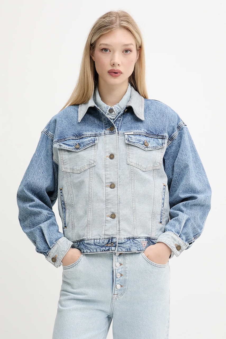 Levně Džínová bunda Guess Jeans modrá barva, přechodná, oversize, W5YN56 D5M56