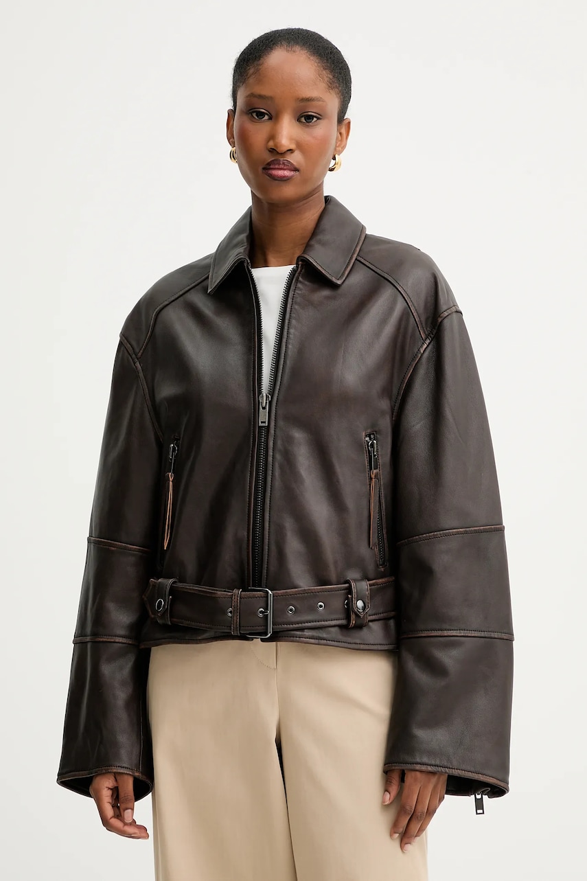 Weekend Max Mara geacă ramones de piele EGIZIO culoarea maro, de tranziție, oversize, 2525446011600