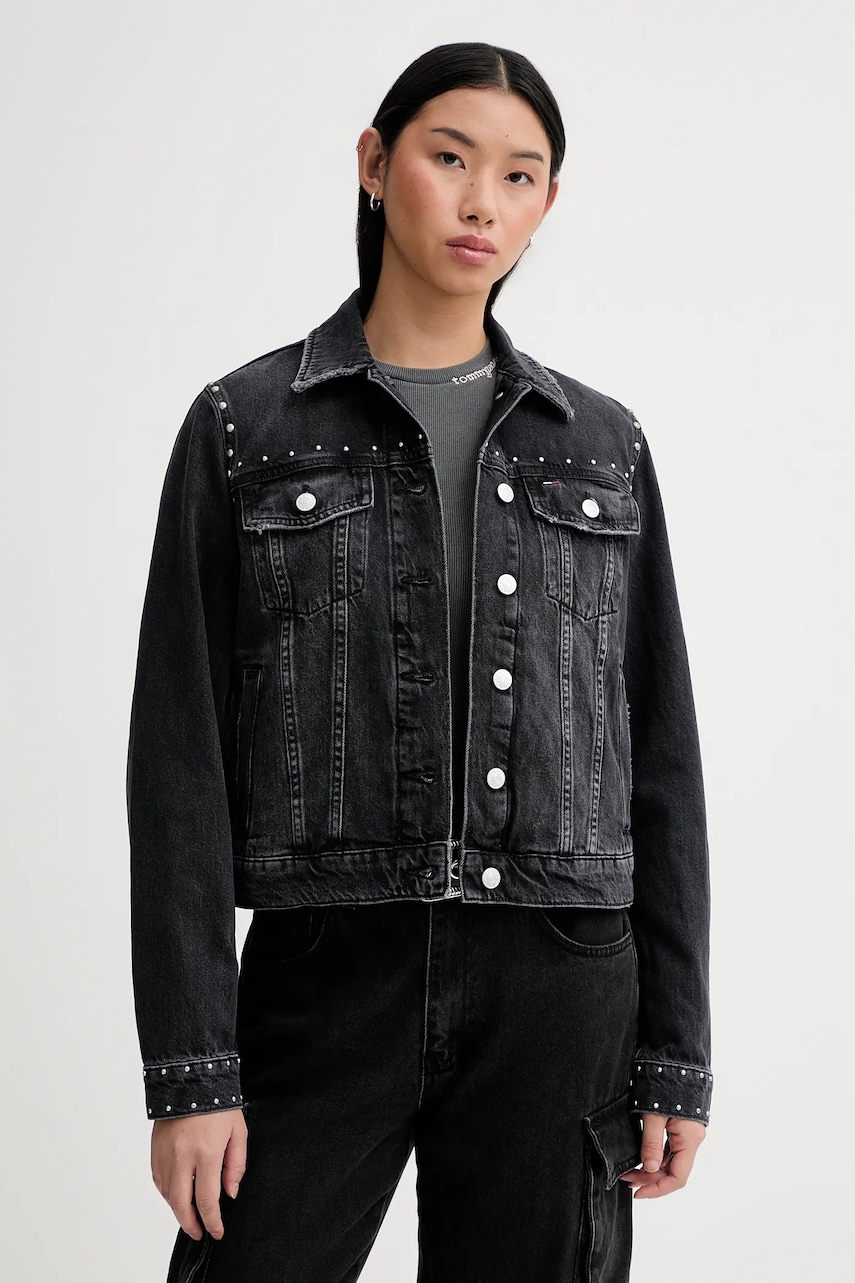 Džínová bunda Tommy Jeans černá barva, přechodná, DW0DW21547