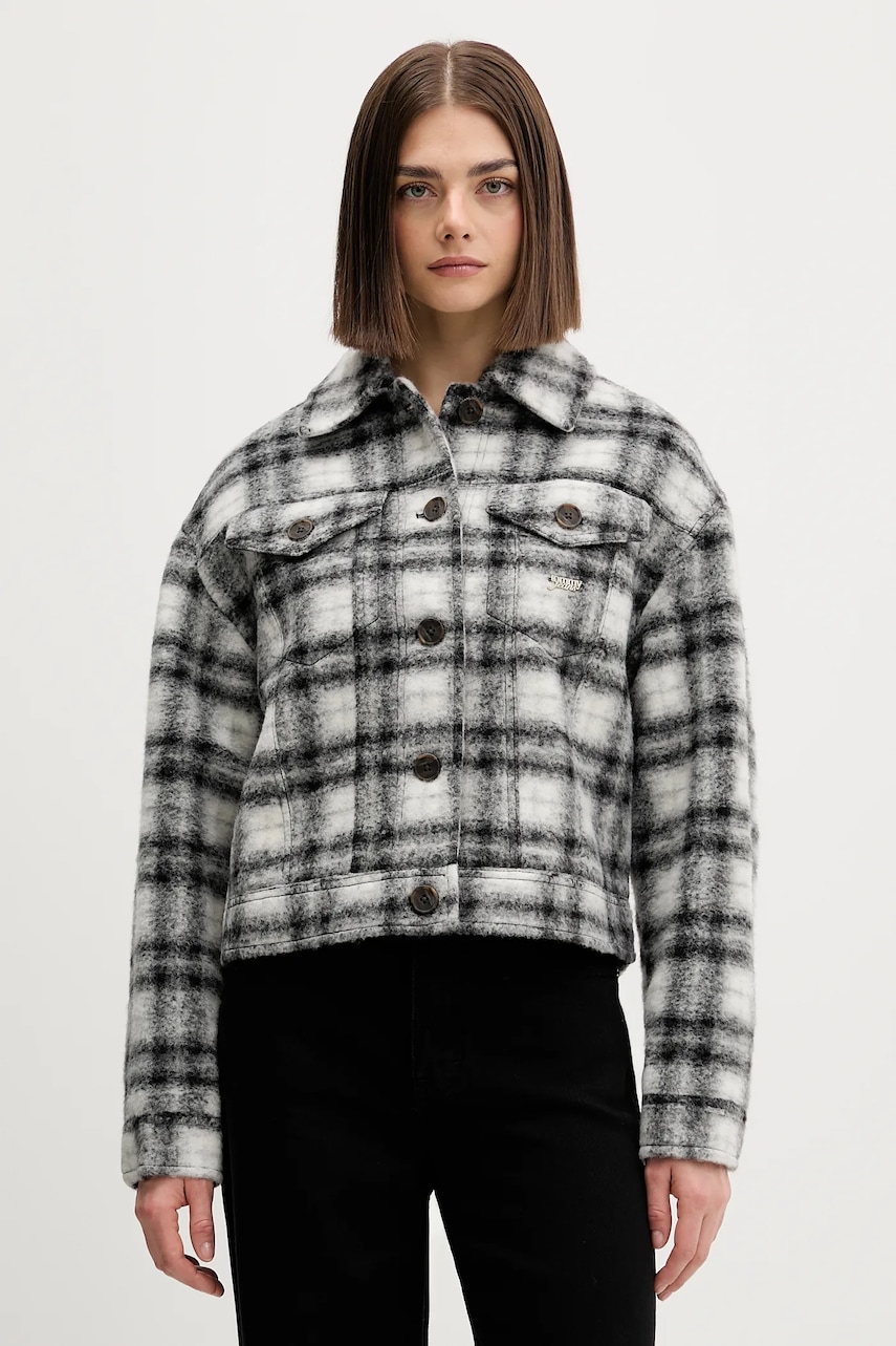 Tommy Jeans jachetă din amestec de lână culoarea negru, de tranziție, oversize, DW0DW21662