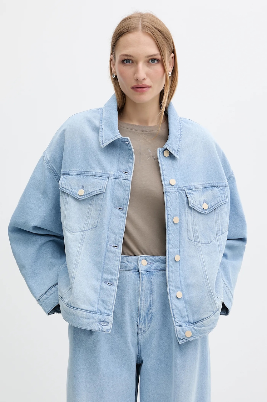 Levně Džínová bunda Armani Exchange modrá barva, přechodná, oversize, XW001061 AF14494