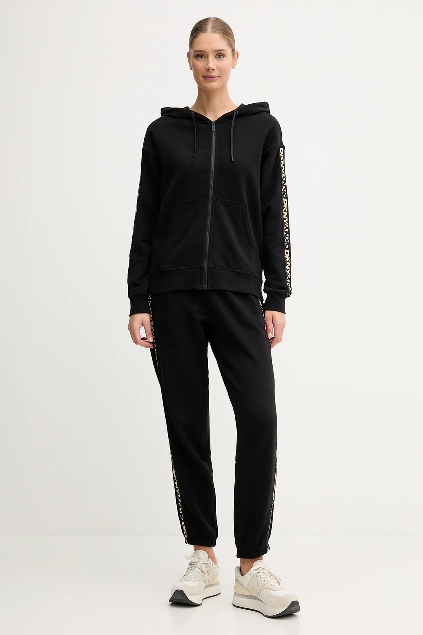 Хлопковая кофта Dkny цвет чёрный с капюшоном с аппликацией DP5J9645