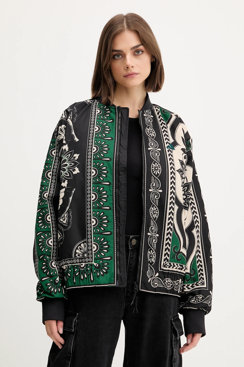 Levně Bomber bunda adidas x Farm Rio černá barva, přechodná, oversize, JL8622
