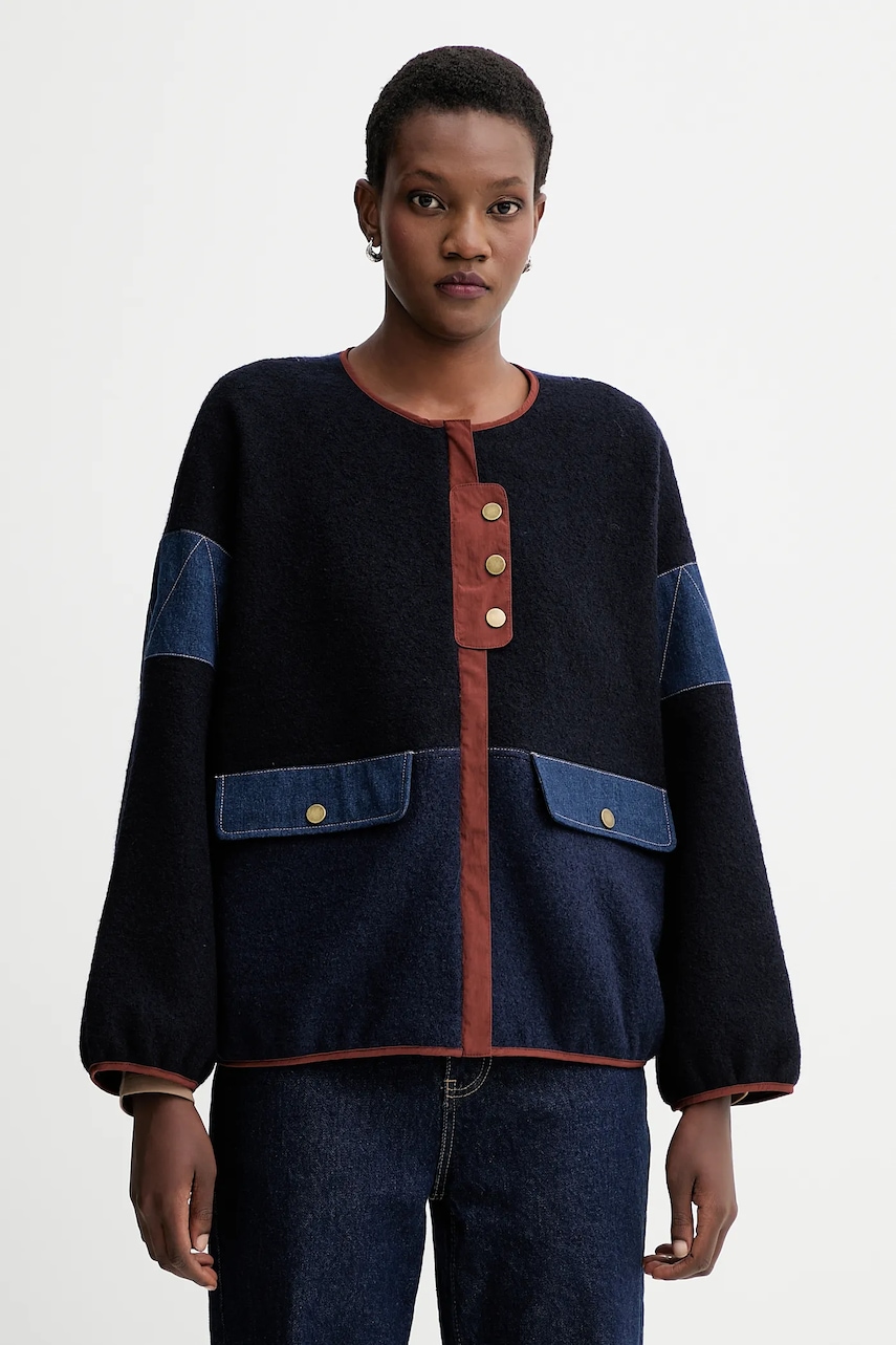 Sessun jachetă din amestec de lână culoarea bleumarin, de tranziție, oversize, 25113007