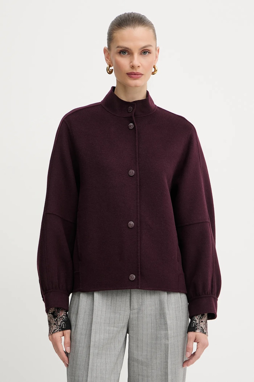 Levně Vlněná bunda Twinset vínová barva, přechodná, oversize, 252TP2071