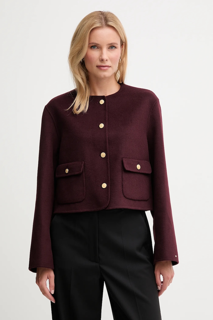 Levně Bunda s vlnou Tommy Hilfiger vínová barva, WW0WW47446