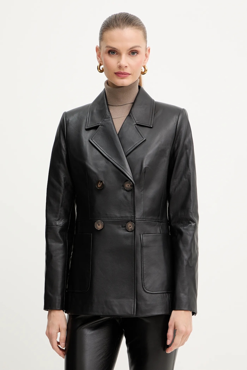 Luisa Spagnoli sacou de piele culoarea negru, cu doua rânduri de nasturi, uni, 542242