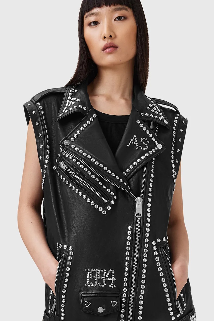 Кожаный жилет AllSaints BILLIE цвет чёрный демисезонный oversize W051LC