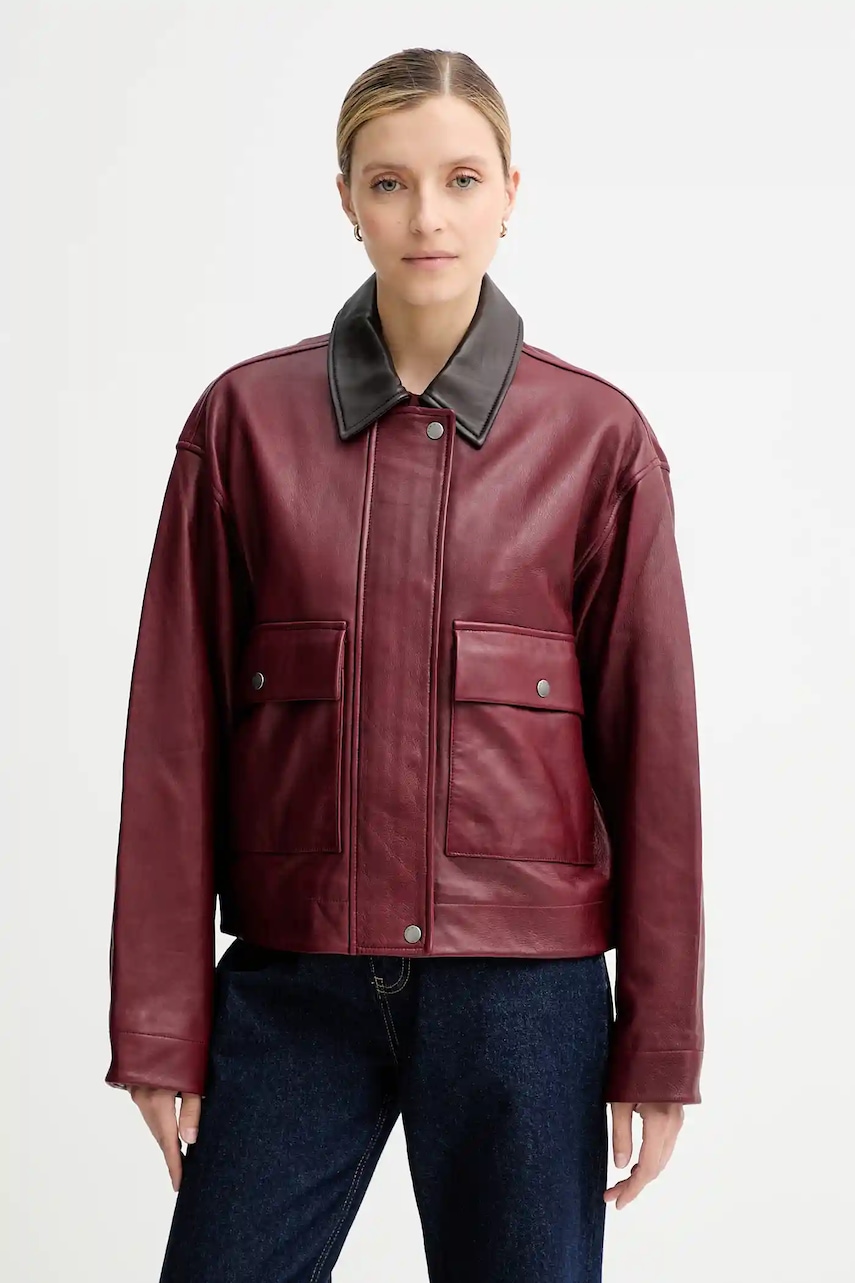 Rag & Bone geacă de piele culoarea bordo, de tranzitie, oversize, RA5A25F0MCR