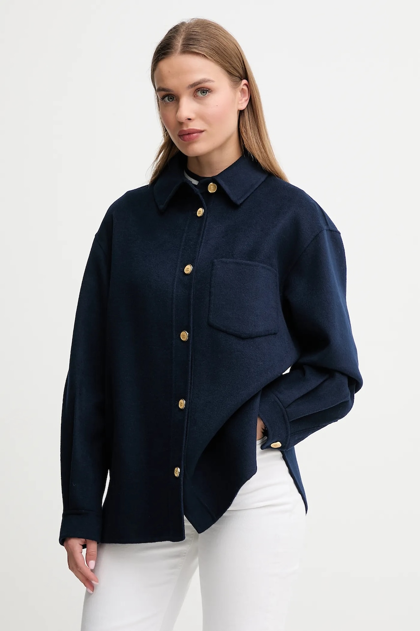 Bunda s příměsí vlny Tommy Hilfiger tmavomodrá barva, oversize, WW0WW46558