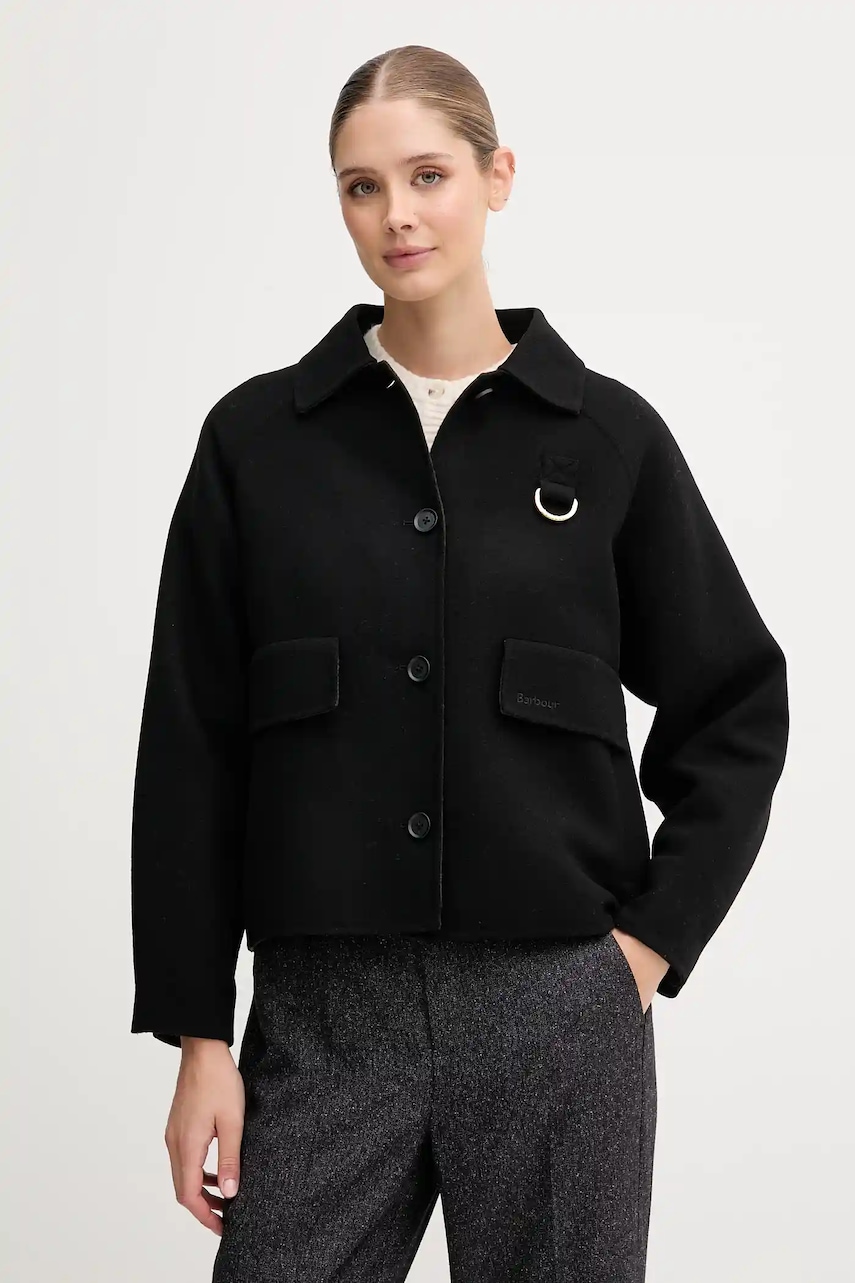 Barbour jachetă de lână LEONIE culoarea negru, de tranzitie, oversize, LOS0077