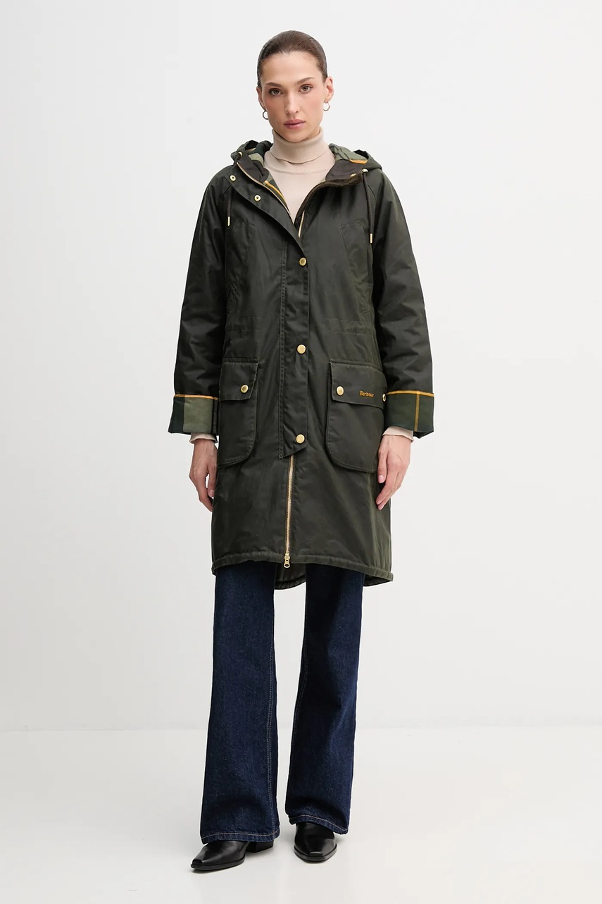 Barbour parka cerată MARCY culoarea verde, de tranziție, oversize, LWX1456