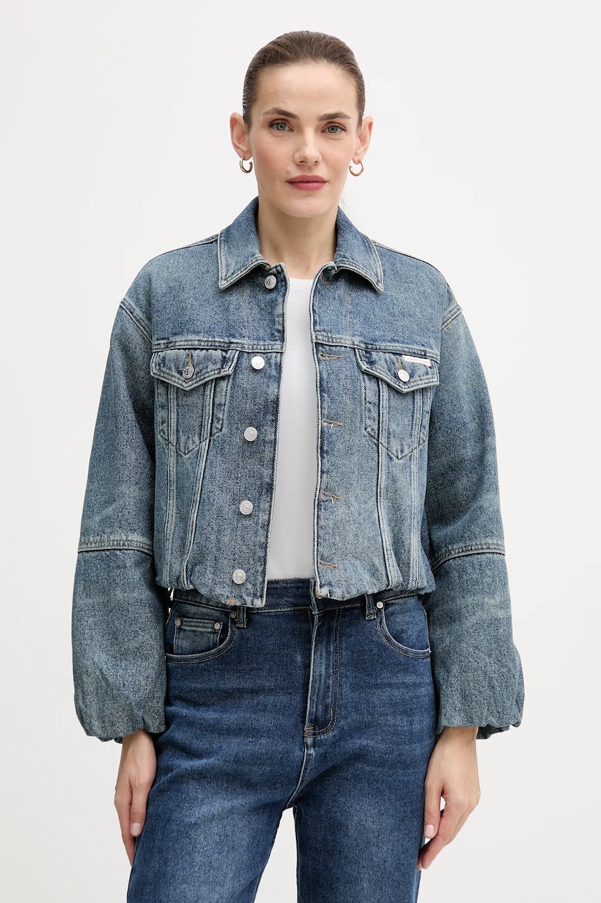 Levně Bavlněná džínová bunda Calvin Klein Jeans modrá barva, přechodná, oversize, LV047D725G