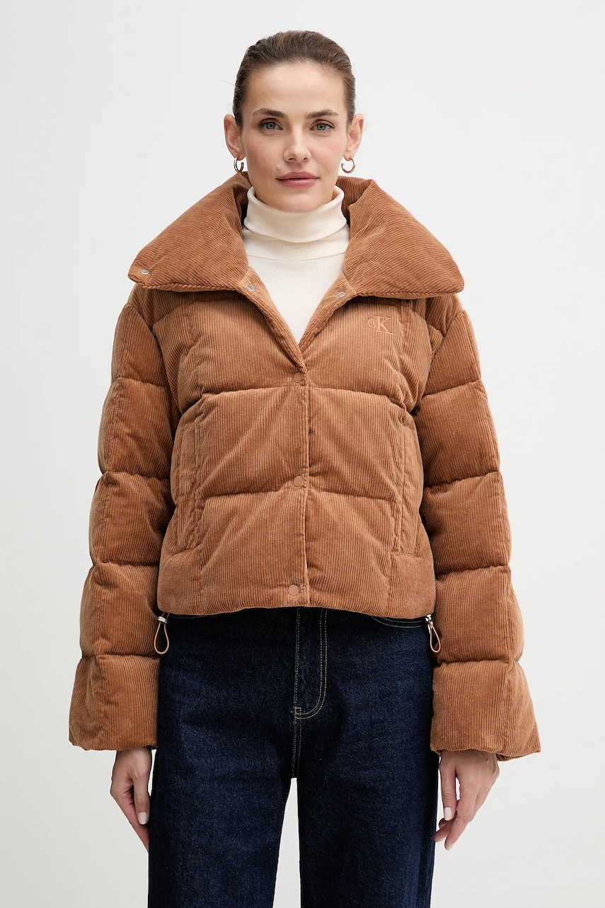 Manšestrová péřová bunda Calvin Klein Jeans hnědá barva, zimní, LV044D527G