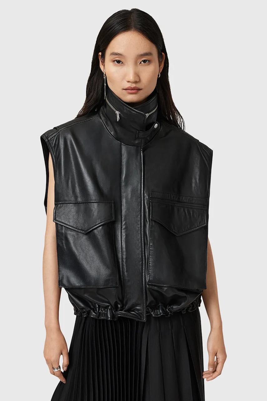 AllSaints vestă din piele CLAY culoarea negru, de tranziție, W040LD