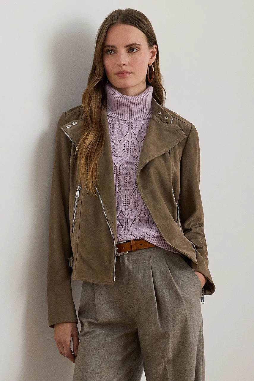 Levně Kožená motorkářská bunda Lauren Ralph Lauren hnědá barva, přechodná, 200951236