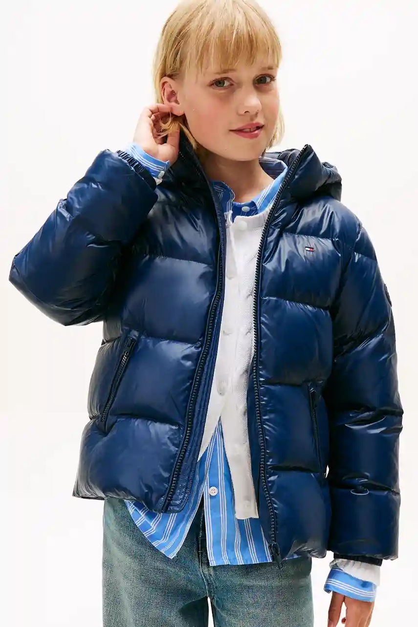 Levně Dětská péřová bunda Tommy Hilfiger tmavomodrá barva, KG0KG08758
