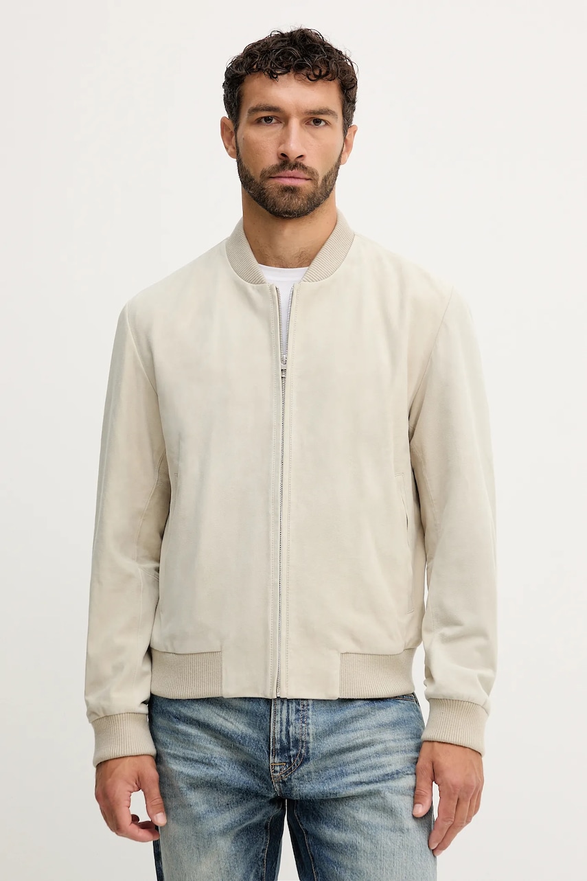 BOSS geacă bomber din piele întoarsă BECKHAM X BOSS culoarea bej, de tranzitie, 50549074