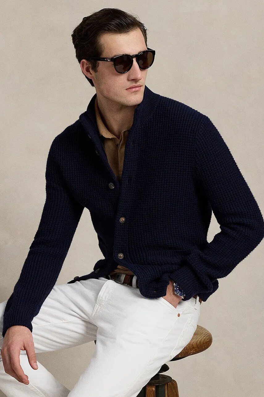 Levně Vlněný kardigan Polo Ralph Lauren pánský, tmavomodrá barva, 710970292
