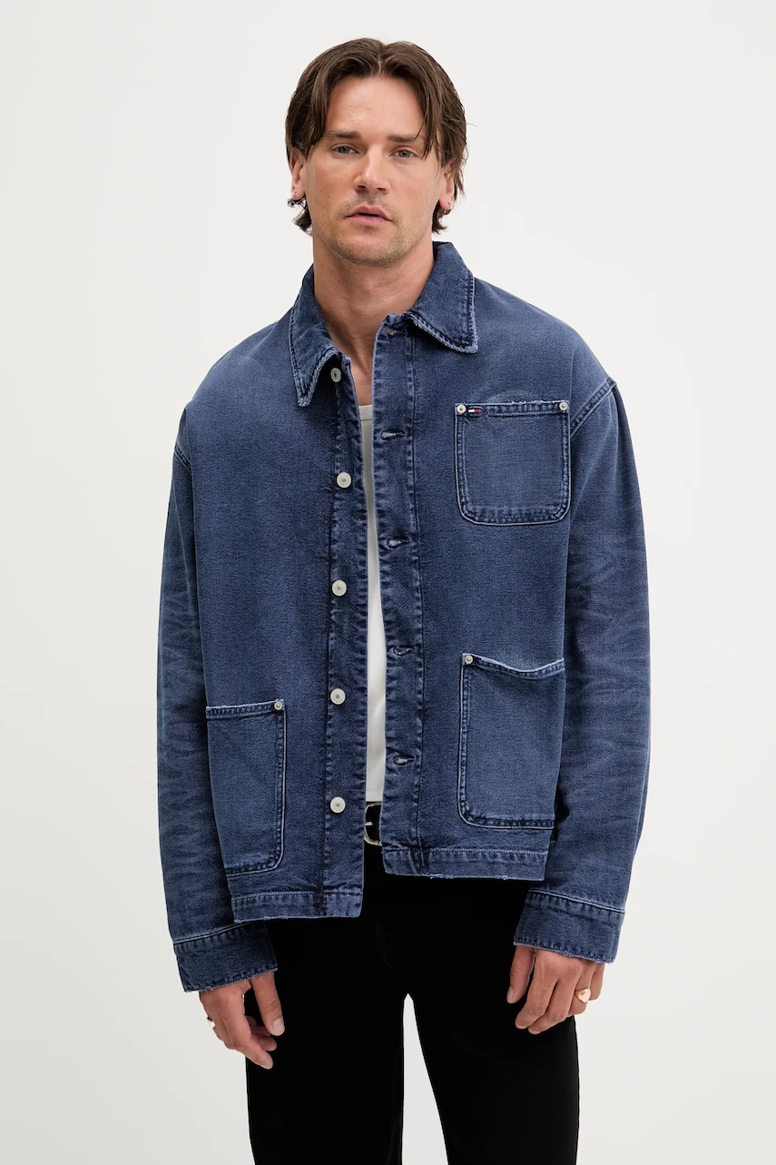 Tommy Jeans geacă cu aspect de cămașă culoarea bleumarin, de tranzitie, DM0DM21833