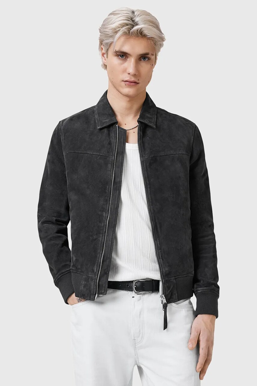 AllSaints geaca din piele intoarsa RASHFORD culoarea negru, de tranzitie, M015LC