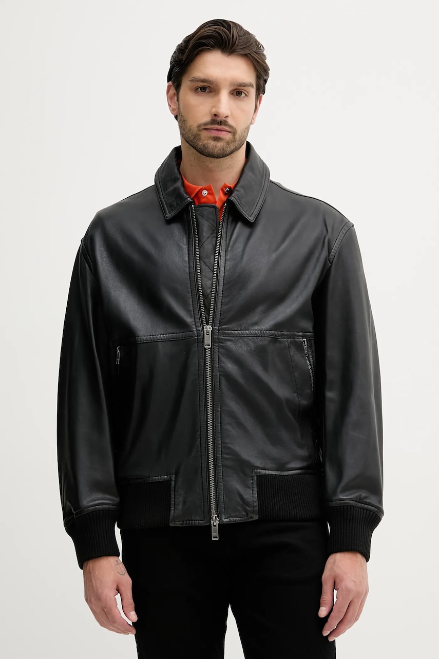 BOSS Orange geaca de piele culoarea negru, de tranzitie, oversize, 50543240