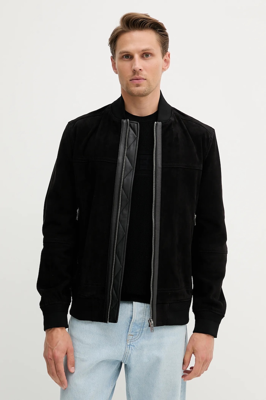 BOSS Orange geacă din piele întoarsă culoarea negru, de tranziție, 50543505