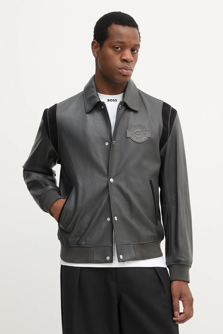 BOSS geacă de piele culoarea gri, de tranziție, 50543223